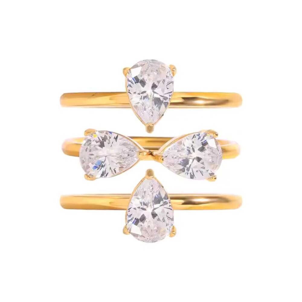 New 18K Gold Plated 3-in-1 CZ Pear Ring – Stackable Tarnish Free Statement